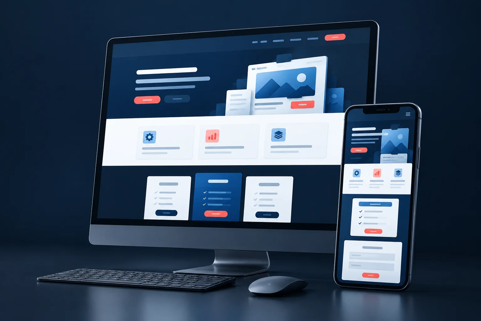 Modern responsive business website mockup on desktop and mobile screens