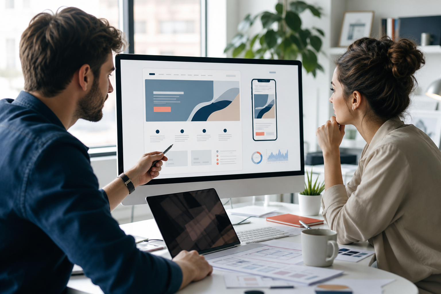 Business owner and designer planning a successful website